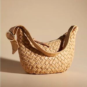 NWT Anthropologie Woven Leather Half Moon Shoulder Bag in Bone 100% Lamb Leather